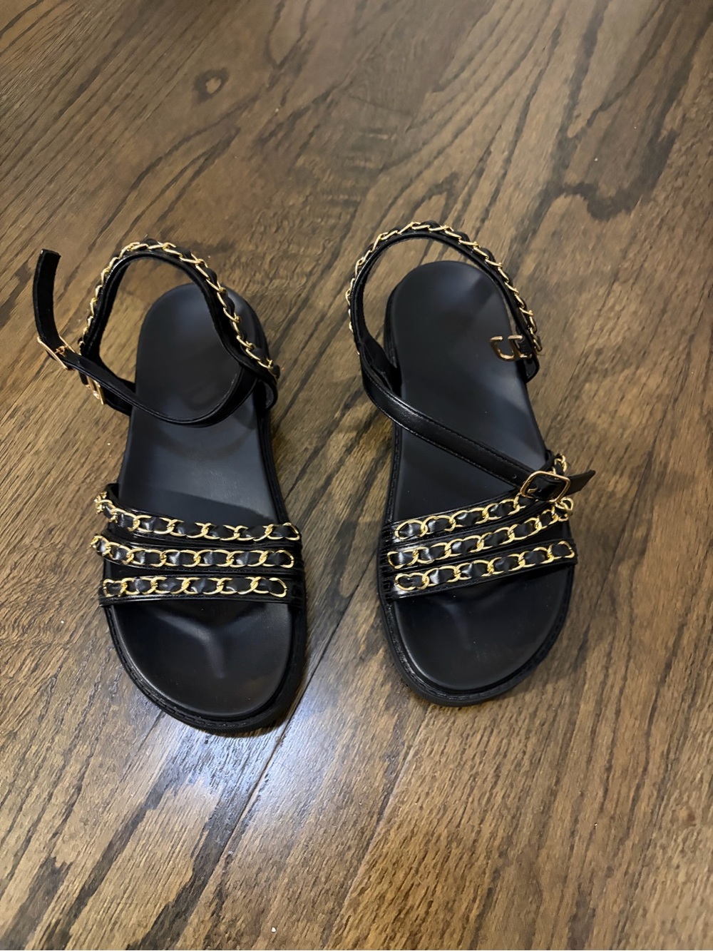 Black Women's Chain-Accent Ankle Strap Sandals
